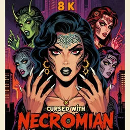 8 k cursed with necronomicon horrorcore cel animation poster depicting dominican woman with sharp nails, intricate faces, metropolis, 1 9 5 0 s movie poster, post - processing, vector art