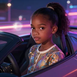 light skinned african american petite girl, innocent face, wearing a gorgeous shirt, ponytail hair, flawless face, beautiful lips, cute face, by a sports car, night life, neon glow, race, speed, lights, lens flare, deep focus, d & d, fantasy, intricate, elegant, highly detailed, digital painting, artstation, concept art, matte, sharp focus, illustration, hearthstone, art by artgerm and greg rutkowski and alphonse mucha, by wlop, cinematic atmosphere