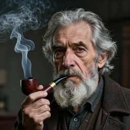 portrait of old man smoking pipe, the smoke turns into his gray hair, realistic 4k octane beautifully detailed render, 4k post-processing, highly detailed, intricate complexity, epic composition, magical atmosphere, cinematic lighting, masterpiece, ultra hd