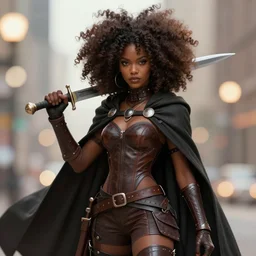 beautiful assassin african girl with a huge afro. wearing cloak, holding dagger, tight leather armor, artgerm, trending on artstation, d & d character concept art, inspired by brom, bokeh