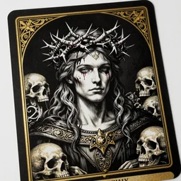 Portrait of the Prince of Entropy wearing a crown of bloody thorns, high fantasy, black paper, dark atmosphere, skulls, detailed, cinematic, ornate, tarot card, highly detailed, ink illustration, golden ratio, 8k,