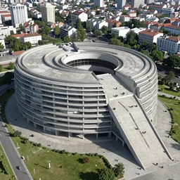 aerial view of brutalist extensive monument ricardo bofill ( ( ( ( ( park ) ) ) ) ) spomenik with ( ( railings ) ) photo, 4 k