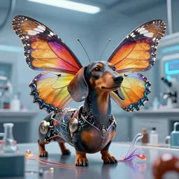 by par olofsson and tristan eaton, visually stunning, cinematic, ultra realistic, hyper realism, 1 2 k, epic, octane render, unreal engine, vfx, maya, the essence of art is passion : fresh air, butterfly dachshund : in the lab, robotic : machina, super intricate ornaments : the fluidity of creativity