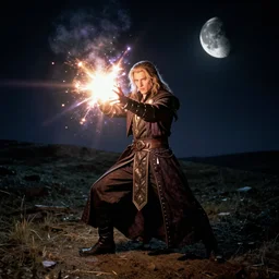 a very very good looking detailed fantasy sorcerer wearing amazing clothes ejects a blast of magic energy from their hands!! dramatically on an empty moonlit hill, dramatic lighting, lens flare, 3 5 mm full frame professional photography, kodak ektar