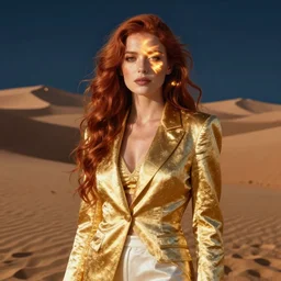 portrait of a girl with long red hair, very beautiful style, in a gold suit, her in a white suit blonde, desert, dunes, photorealism, night in the desert, her face illuminated by golden rays, edgard maxence,