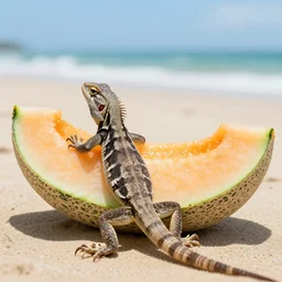 a lizard out in the beach looking into a big slice of melon in front of it