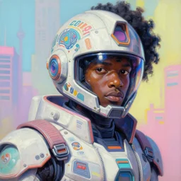 anime manga afro - cyberpunk 🧔🏿♂ gundam pilot portrait with an intricate futuristic urban inspired helmet, hyperrealistic digital oil painting, by makoto shinkai and ilya kuvshinov and lois van baarle and rossdraws and basquiat, trending on artstation, cmyk, neon colors, bright pastel colors, cinematic lighting, octane render
