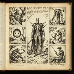 opened necronomicon, terrific illustrations, hand write annotations, perchament, by oliver vernon, by joseph moncada, by damon soule, by manabu ikeda, by kyle hotz, by dan mumford, by otomo, 4 k resolution
