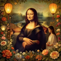 The floral lands full of luminous lanterns, italian futurism, Dan Mumford, da vinci, Josan Gonzalez