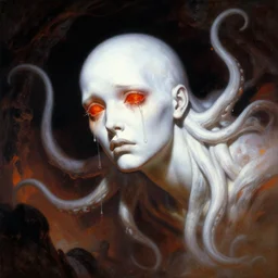 painting by frank frazetta of a flying sorrowful looking human head with tears running down it's eyes, face that is chalk white in color, with long sprawling white tentacles stemming down it's neck, fiery scorching red eyes, flying in a terrying hellish dark cavernous place
