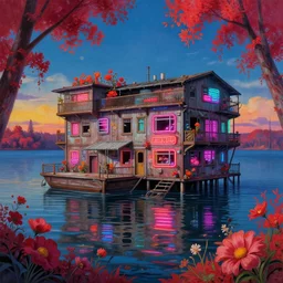 a beautiful very detailed painting of urbex boathouse by wayne thiebaud, gem retrowave cyberpunk flowers forest studio ghibli infrared tron bladerunner 2 0 4 9 lake at dusk dramatic lighting neon signs, archdaily, wallpaper, highly detailed, trending on artstation.