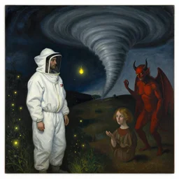 man in white beekeeper suit at night with fireflies, giant tornado and devil. painting by mikalojus konstantinas ciurlionis, monet, bosch, wayne barlowe, agnes pelton, rene magritte