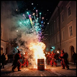 kodak portra 4 0 0, winter, snowflakes, rainbow coloured rockets chaos glitter, award winning dynamic photo of a bunch of hazardous krampus between exploding fire barrels by robert capas, motion blur, in a narrow lane in salzburg at night with colourful pyro fireworks and torches, teal lights