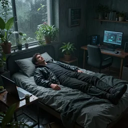 a man lying on his bed wearing a jacket with a computer and coffee on the table on a cold rainy day, room full of plants, gloomy weather, cyberpunk, scifi, concept art, highly detailed,  artstation, concept art, smooth.sharp focus, digital art, art by jon foster and yuumei