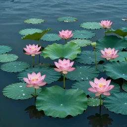 There are many pink lotus and green lotus leaves on the dark blue sea, by Vicente Romero Redondo