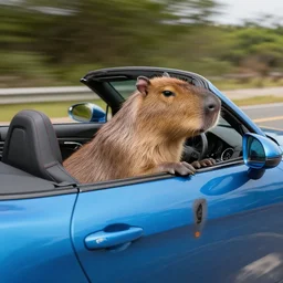 A capybara driving a blue convertible sports car at high speeds, photorealistic, 8k