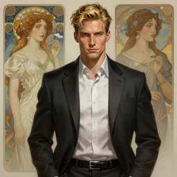 handsome man, clothes by prada, gaunt, blonde hair, highly detailed, digital painting, artstation, concept art, smooth, sharp focus, illustration, art by krenz cushart and artem demura and alphonse mucha and tony sandoval