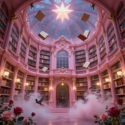 pink library in the style of baroque, star roof, flying magic books, dreamy, smoke, hogwarts style, birds, roses, fairy tale, evening lights, highly detailed, artstation, mysterious, comfort, in the style of aetherpunk