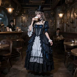 full body portrait photo of reol wearing a elegant gothic dress, open top, wearing a tiny tophat, drinking coffee in a ( ( busy ) ) steampunk cafe interior, dim studio lighting, at night, ( ( photograph ) ), moody, realistic, detailed, low light, skin tinted a warm tone, light blue filter