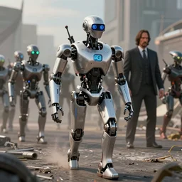 a robot army running on a powerful AGI, standing against an alien race and waiting for battle, being led by John Wick, 4k wide lenses photograph, unreal engine 5 full rendering, depth of field, 3D