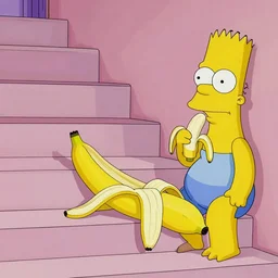 the simpsons as bananas, coming down the stairs, eating bananas, stretched, banana skin