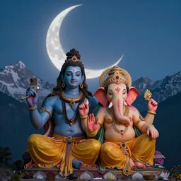 lord shiva and ganesh, in the himalayan mountains, taking a selfie together in the crescent moonlight