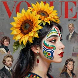 sunflower tiara, aztec face paint, korean audrey hepburn, vogue magazine, greg rutkowski, john singer sargent, trending on artstation, anime, oil painting, side profile portrait, looking right, intricate
