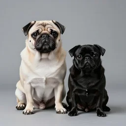 a white pug and a little black pug sit in front of a dish full of bones, white background, digital art, beatrix potter illustration style.