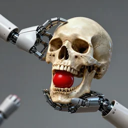 two advanced robotic hands and arms hold a skull, jaw open, pulling out a red spehere, art by filip hodas