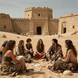 desert ruined city open air prison full of wealthy people looking sad