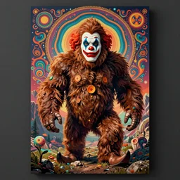 6 0 s rock poster, psychedelic style, features a bigfoot wearing clown makeup, says bigfoot clown