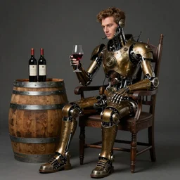 a beautiful intricate fine art portrait photo of a mechanical industrial steampunk cybernetic wine steward sitting on a chair next to a barrel of wine, by tom bagshaw and zach sutton, perfection!, studio lighting, 24mm lens, very detailed, bionic, cybernetic scifi, deep depth of field, artstation, 8K, highly coherent