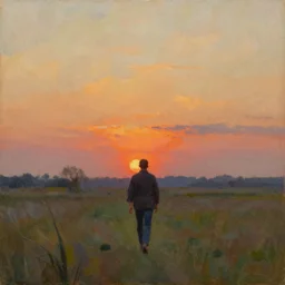 oil painting of a man away walking into the sunset, from a distance