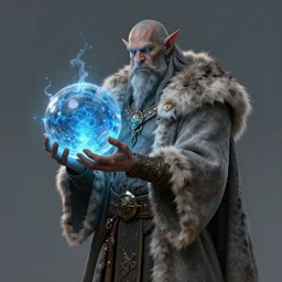 Digital art portrait of a half-orc druid, wearing a long grey fur robe and holding a sphere of magical blue water 4k