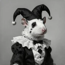 masterpiece painting by WLOP and Ross Tran of a spotted male humanoid black and white wererat wearing jester clothes, highly detailed, sharp, color graded, featured in Artstation, inspired by Greg Rutkowski, cgsociery