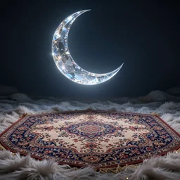 clear shining crescent on the sky, magic fluffy persian carpet dimension, by greg rutkowski and gaston bussiere, dim lighting, beautiful volumetric - lighting - style atmosphere, surreal atmosphere, intricate, detailed, photorealistic imagery, trending artstation