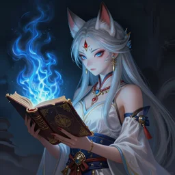 gorgeous!!! hyper - realstic kitsune sorceress, holding a tattered magical book, casting a flame spell, blue flames | drawn by wlop, drawn by jeehyung lee, drawn by artgerm | fantasy, dark, intricate, highly detailed, digital painting, character design, concept art, illustration, artstation