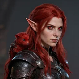 head and shoulders, a red haired, red eyed woman, red elf on on her shoulder, dark leather armor by ingrit lima and june jenssen, artstation, behance