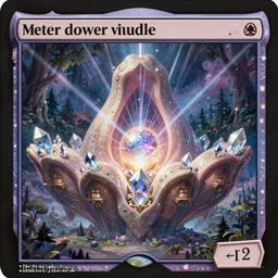 a delicate mtg illustration by john howe of a distant huge vulva!!! - shaped sacred temple of smooth organic feminine architecture surrounded by forest,, floating in the astral plane and constructed of house - sized crystals, with the raised bulb of the vestibule revealing a glittering iridescent pearl emitting beams of laser