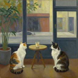 cat cafe atrium, grant wood, pj crook, edward hopper, oil on canvas