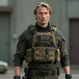 Mads Mikkelsen as Solid Snake in Metal Gear Solid (2022), wearing tactical gear, high quality 4k