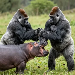 three silverback gorillas fighting a hippo