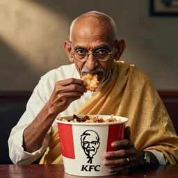 candid photograph of ghandi secretly eating a bucket of kfc