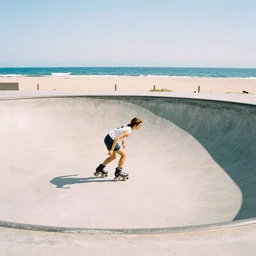 roller blades ride bowl on the beach pastel colors, pro photography film maker big production