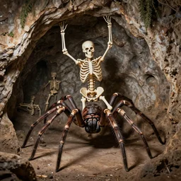 human skeleton mounting a giant spider, on top of a spider, riding a spider, inside of a cave