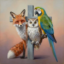 painting of cross between fox & parrot & owl, intercrossed animal, by zdzislaw beksinski, by tiffany bozic, logical anatomy, cold hue's, warm tone gradient background, concept art, medium shot, beautiful composition, digital painting,