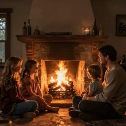 a man sitting at a fireplace with his family who clearly doesn't want to be there