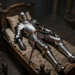 a beautiful composition detailed photograph of a dead poisoned armored knight paladin lying in a wooden bed in a cell in a dungeon.