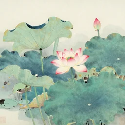 'a Chinese painting of lotus in a pond'