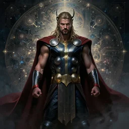 dark portrait of thor as a techno wizard, fantasy, intricate, elegant, highly detailed, digital painting, artstation, smooth, sharp focus, illustration, epic fractal circuit background, artgerm, alphonse mucha, epic cosmic background, erak note, eddie mendoza, christophe young, craig mullins, evan lee, silvain sarrailh, dao trong le, kan liu, character design, trending on artstation